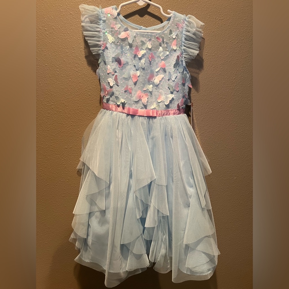 Jona Michelle Blue Dress with Pink Butterfly Accents